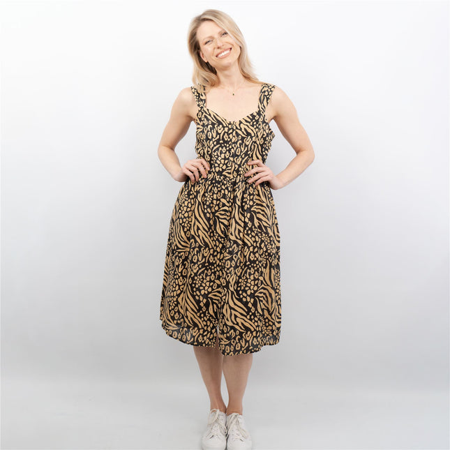 Black Leopard Print Sleeveless Women's Midi Dress Sundress-Quality Brands Outlet-
