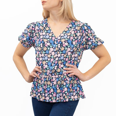 M&S Navy Blue Floral Blouse Elasticated Waist Short Sleeve V-Neckline Tops - Quality Brands Outlet