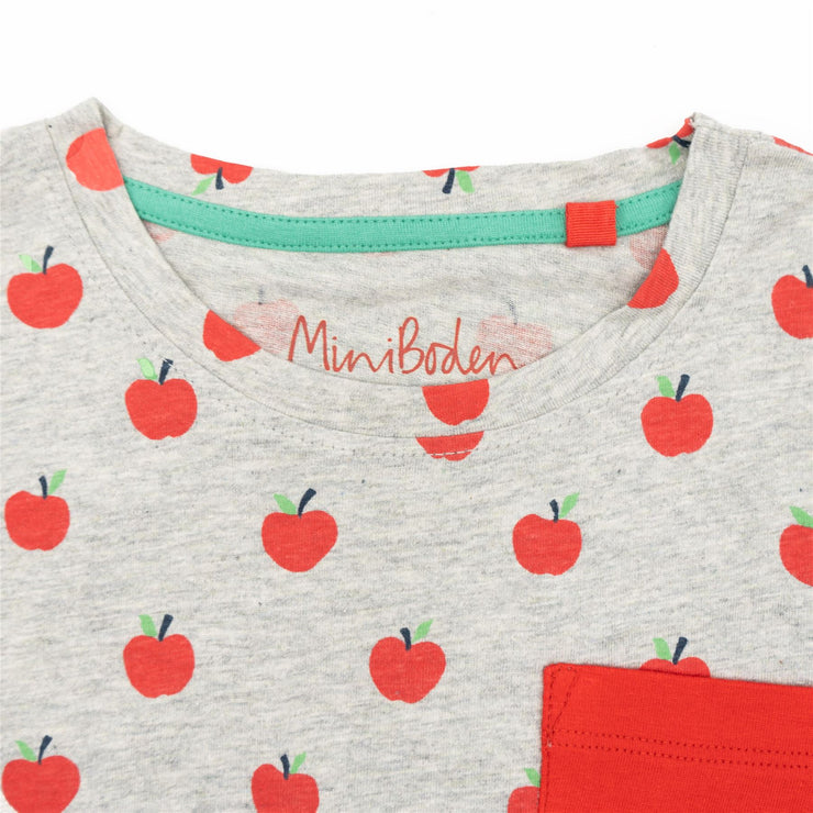 Mini Boden Girls Red Apple T-Shirt Long Sleeve Tops with Patch Pocket