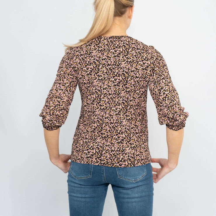 3/4 Sleeve Black Ditsy Floral Print V-Neck Soft Jersey Tops
