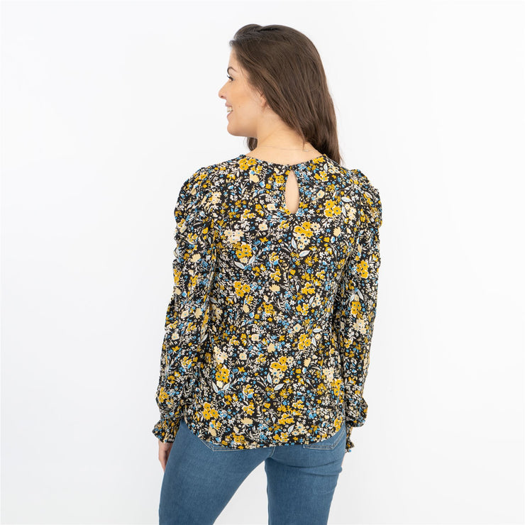 M&Co Black Floral Tops Long Sleeve Round Neck Elasticated Cuffs