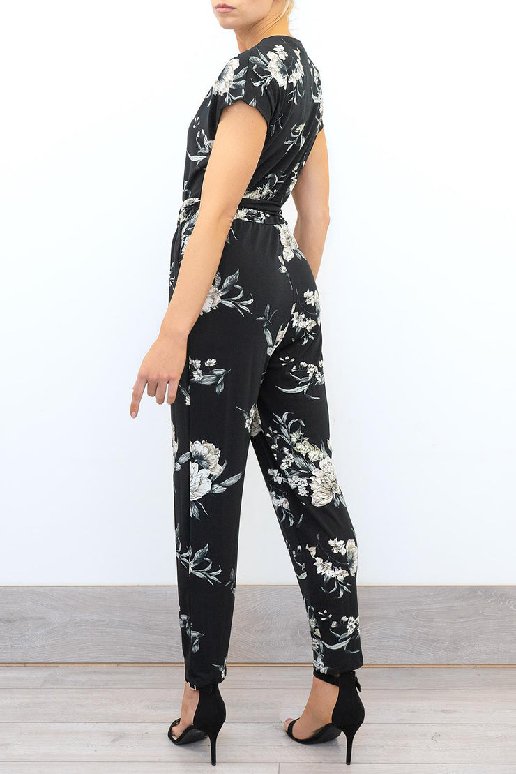 Wallis Womens Black Floral Short Sleeve V-Neck Button Going Out Jumpsuits - Quality Brands Outlet