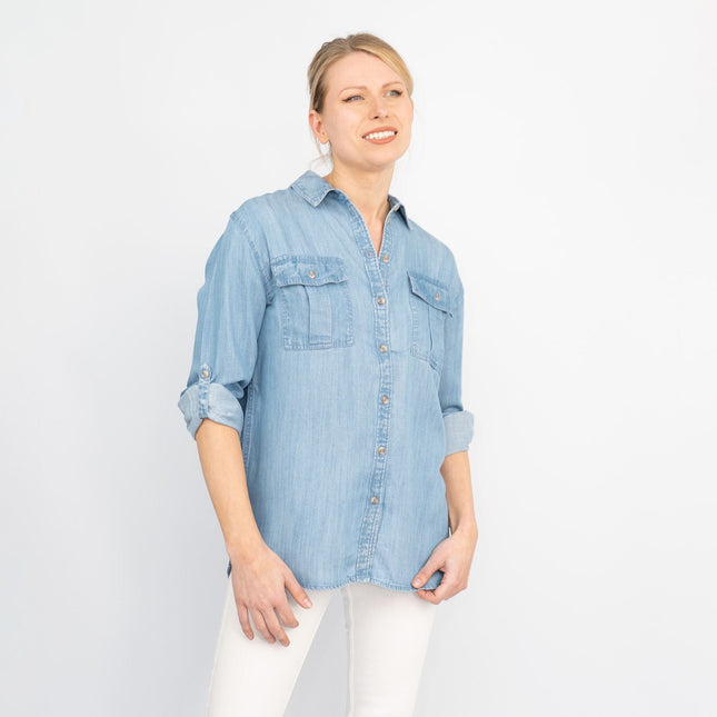Blue Chambray Soft Linen Rich Long Sleeve Shirt Button-Up Tops-Quality Brands Outlet-