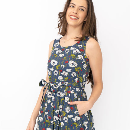 Seasalt Belle Linear Poppy Night Floral Print Sleeveless Midi Dresses-Quality Brands Outlet-