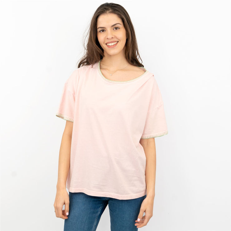 Hush Light Pink Blouse with Green Stitches Details Short Sleeve Cotton Tops