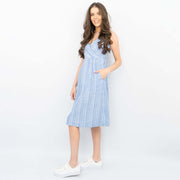 Blue Sleeveless Strappy Sundress Stripes Linen Blend Casual Short Summer Dresses