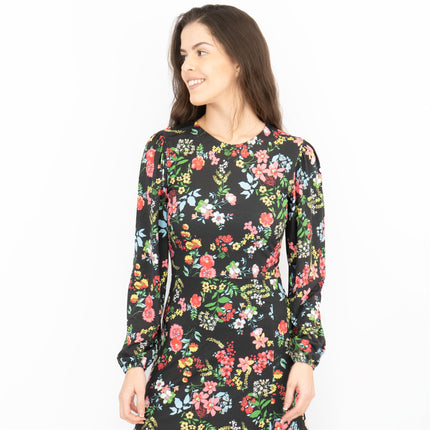 Oasis Slinky Black Jersey Floral Long Sleeve Split Midi Dress-Quality Brands Outlet-