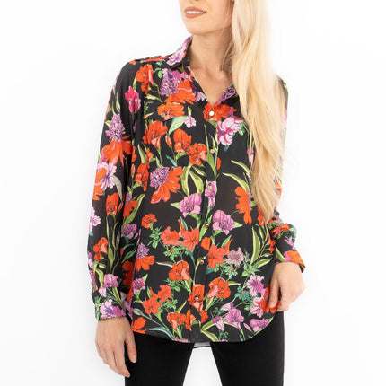 Karen Millen Black Floral Satin Long Sleeve Button-Up Shirts-Quality Brands Outlet-