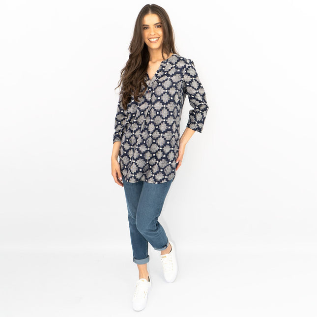 White Stuff Navy Geo Print 3/4 Sleeve Lightweight Relaxed Tunics-Quality Brands Outlet-