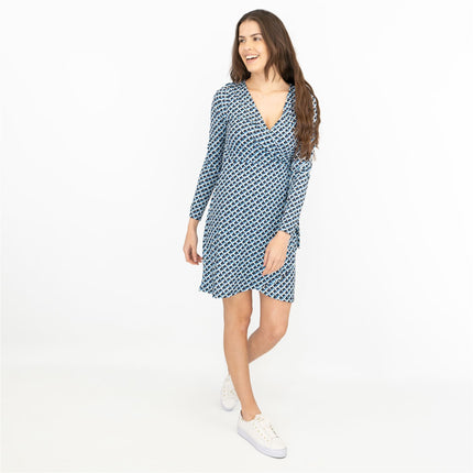 Karen Millen Blue Long Sleeve Jersey Geometric KM Logo Print Tie Wrap Dress-Quality Brands Outlet-