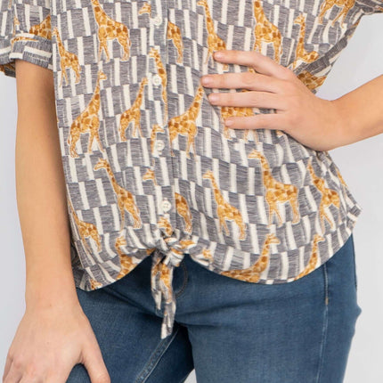 Giraffe Print Short Sleeve Relaxed Fit Tie-Knot Women's Summer Tops-Quality Brands Outlet-