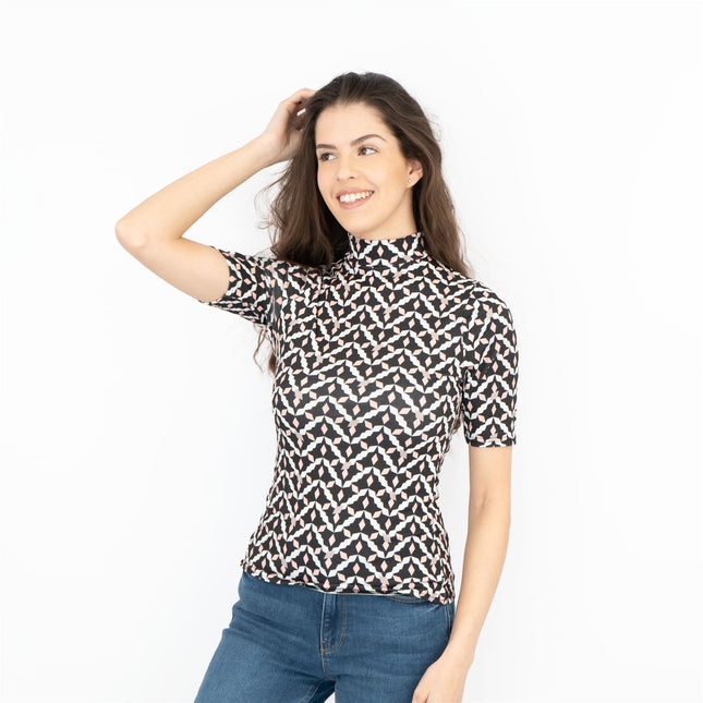 Karen Millen Black Geometric Print High Neck Short Sleeve Tops - Quality Brands Outlet