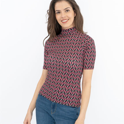 Oasis Black Geometric Print High Neck Short Sleeve Tops - Quality Brands Outlet
