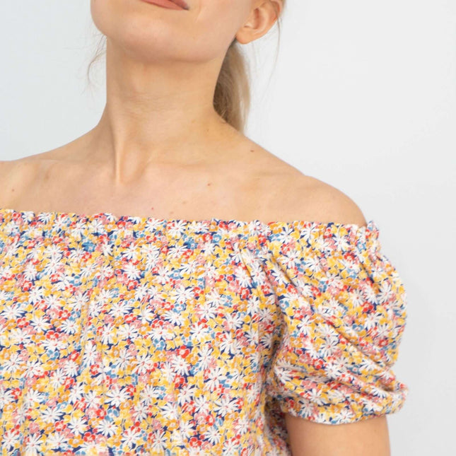 Leia Gathered Off Shoulder Short Sleeve Ditsy Floral Relaxed Tops-Quality Brands Outlet-