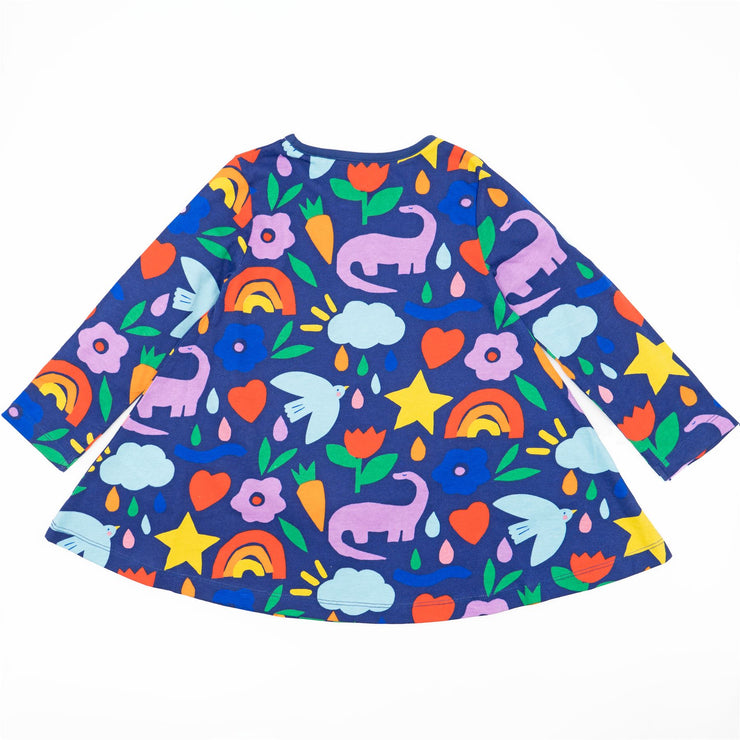 Mini Boden Girls Happy Dino Blue Long Sleeve Flare Dresses - Quality Brands Outlet