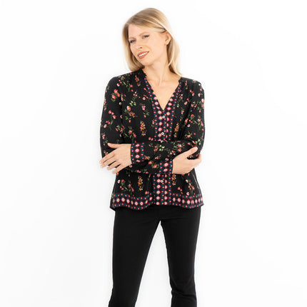 Black Floral Long Sleeve Relaxed Fit Shirts Button-Up Women's Tops-Quality Brands Outlet-
