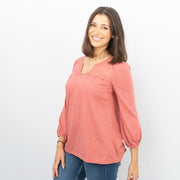 Womens T-Shirt Red Long Sleeve Cotton Relaxed Summer Blouse Casual Work Soft
