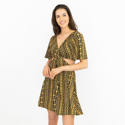Karen Millen Side Cut Out Gold Chain Print Jersey Short Sleeve Mini Dress-Quality Brands Outlet-