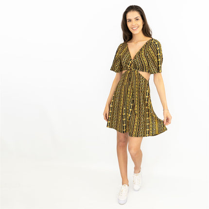 Karen Millen Side Cut Out Gold Chain Print Jersey Short Sleeve Mini Dress-Quality Brands Outlet-