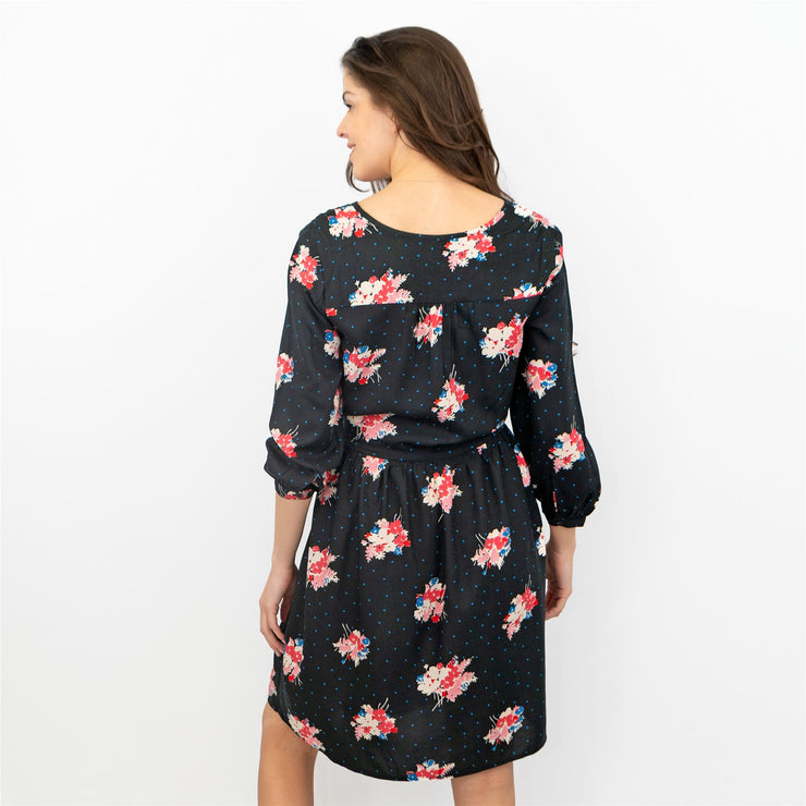 Crew Clothing Women Black Floral 3/4 Sleeve Cross Wrap with Pockets Dresses