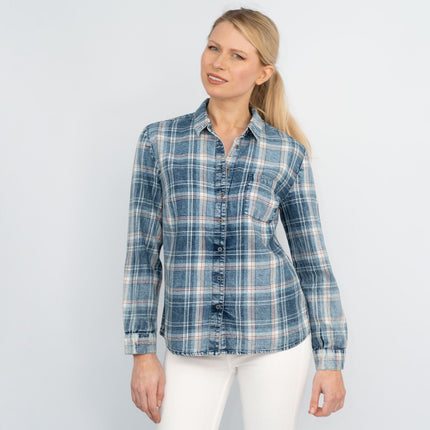 Blue Denim Check Women's Shirts Long Sleeve Button Up Tops