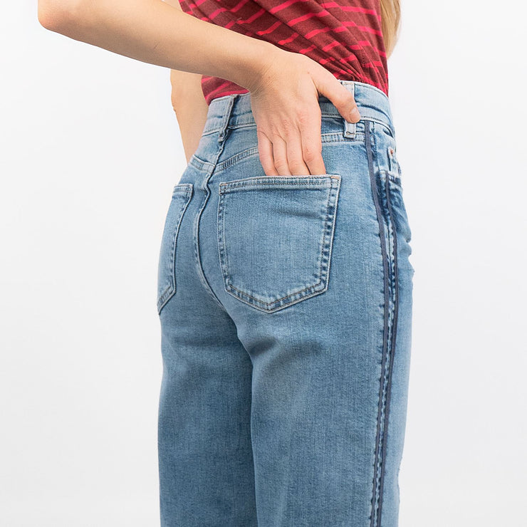 M&S Boyfriend Style Blue Denim Mid Rise Side Stripe Details Jeans