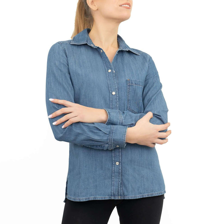 Massimo Dutti Women Blue Denim Long Sleeve Shirt with Pocket