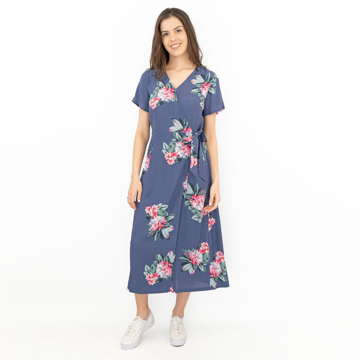 Joules Callie Floral Print Blue Cross Wrap Short Sleeve Midi Dresses with Pockets