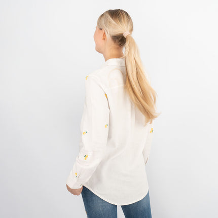 White Lemon Embroidery Linen Rich Long Sleeve Women's Shirts-Quality Brands Outlet-