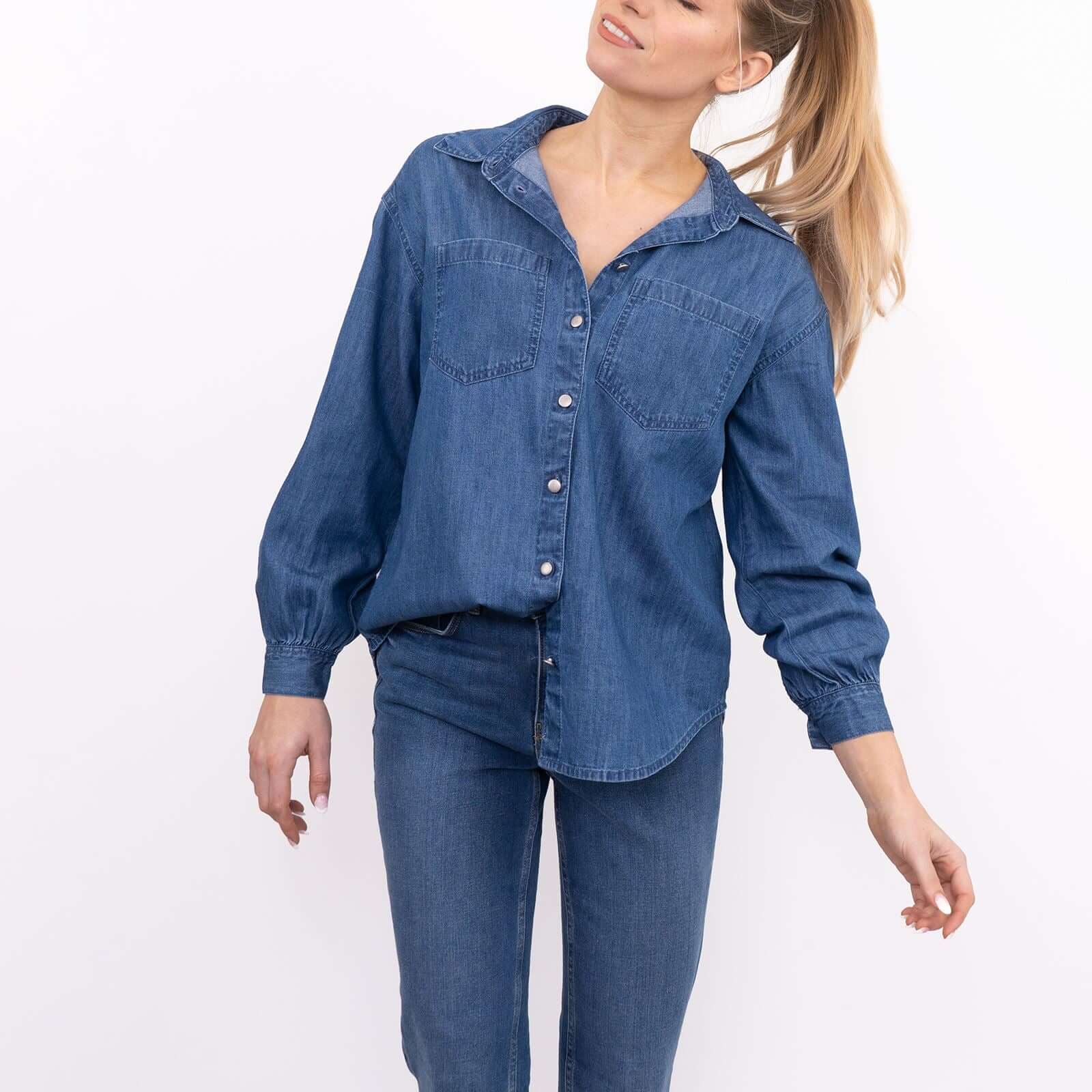 F&F Blue Denim Long Sleeve Shirts Button-Up Tops – Quality Brands