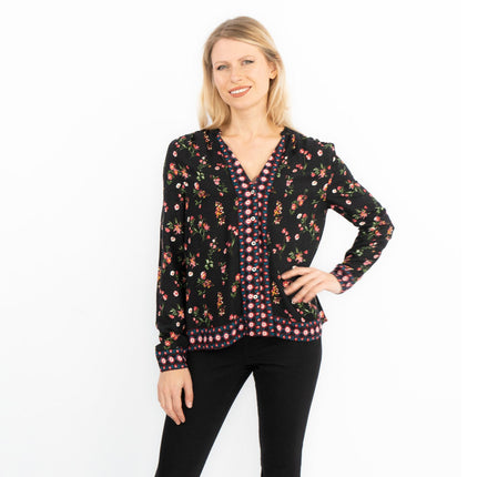 Black Floral Long Sleeve Relaxed Fit Shirts Button-Up Women's Tops-Quality Brands Outlet-