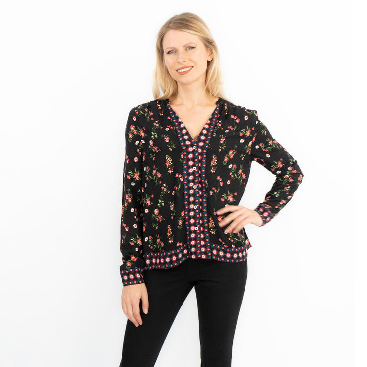 Black Floral Long Sleeve Relaxed Fit Shirts Button-Up Women&