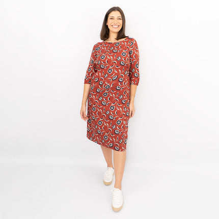 Seasalt 3/4 Sleeve Rust Red Floral Pockets Tie Waist Midi Shift Dresses-Quality Brands Outlet-