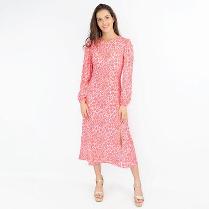 Oasis Pink Long Sleeve Floral Print Slit Summer Long Midi Dresses-Quality Brands Outlet-