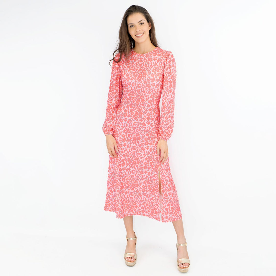 pink rose print plisse long sleeve split detail midi dress Oasis Pink Long Sleeve Floral Midi Dress for Summer Style – Quality Brands  Outlet