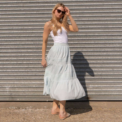 M&S Per Una Mint Green Tiered Relaxed Flare Long Maxi Skirts-Quality Brands Outlet-