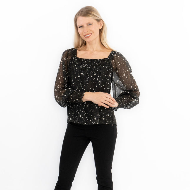 Next Black Silver Chiffon Star Foil Print Occasion Party Puff Sleeve Tops-Quality Brands Outlet-