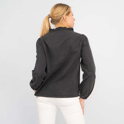 Hush Francis Long Sleeve Washed Black Denim Button Tops Blouse-Quality Brands Outlet-