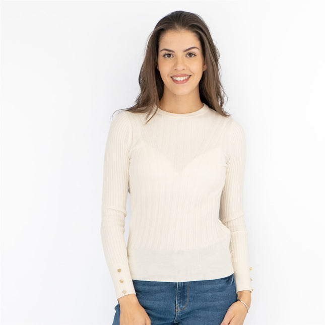 M&S Ivory Soft Touch Ribbed Crew Neck Fitted Jumper-Quality Brands Outlet-