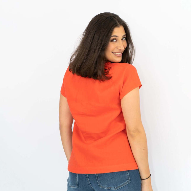 White Stuff Short Sleeve Orange Linen Relaxed Summer Blouse Casual Tops-Quality Brands Outlet-