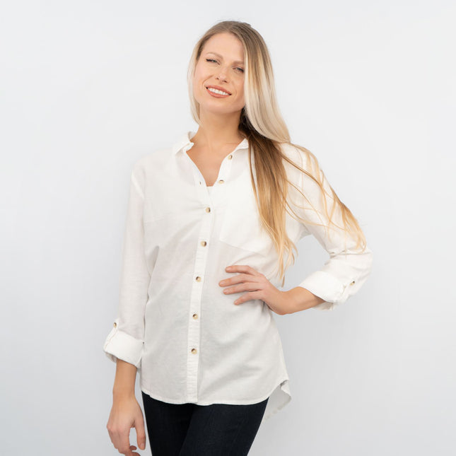 Ivory Long Sleeve Button Through Women's Shirts-Quality Brands Outlet-