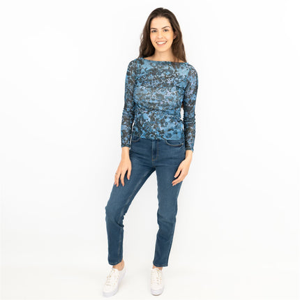 Coast Blue Floral Long Sleeve Boat Neck Mesh Tops-Quality Brands Outlet-