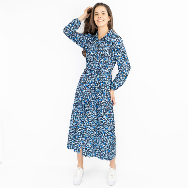 Oasis Black Dress with Blue Floral Print Long Sleeve Midi Shirt Dresses - Quality Brands Outlet