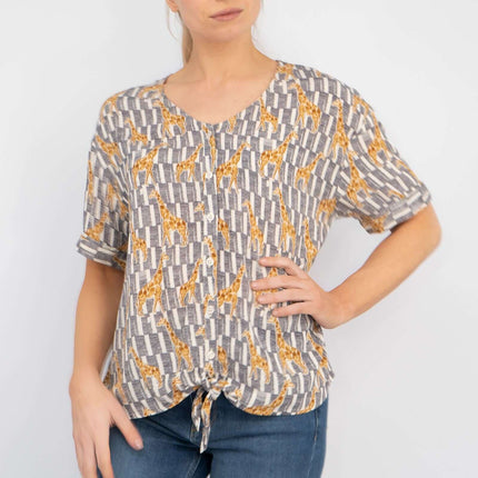 Giraffe Print Short Sleeve Relaxed Fit Tie-Knot Women's Summer Tops-Quality Brands Outlet-