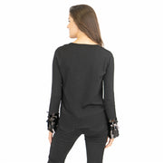 M&S V-Neck Embellished Cuff Long Sleeve Black Jumper
