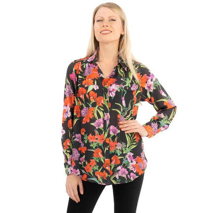 Karen Millen Black Floral Satin Long Sleeve Button-Up Shirts-Quality Brands Outlet-