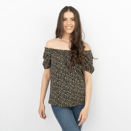 Womens Off Shoulder Black Ditsy Floral Casual Summer Jersey Tops-Quality Brands Outlet-