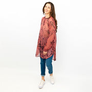 Next Red Floral with Silver Thread Long Sleeve Button-Up Lightweight Tunic Longline Tops - Quality Brands Outlet