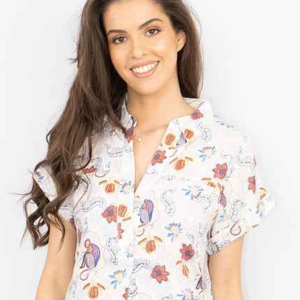 White Stuff Ivory Floral Print Billie Relaxed Linen Tunics Casual Longline Tops-Quality Brands Outlet-