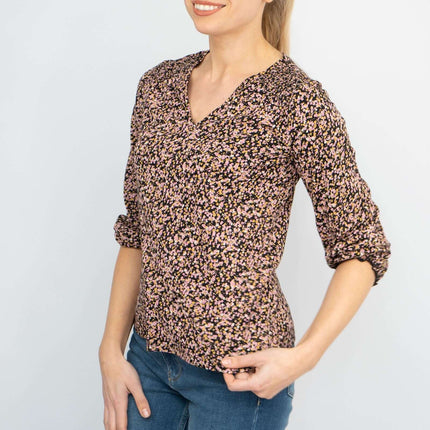 3/4 Sleeve Black Ditsy Floral Print V-Neck Soft Jersey Tops-Quality Brands Outlet-